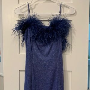 GLAMOUROUS feather gown. Sparkly blue fabric with blue feathers at bust line.